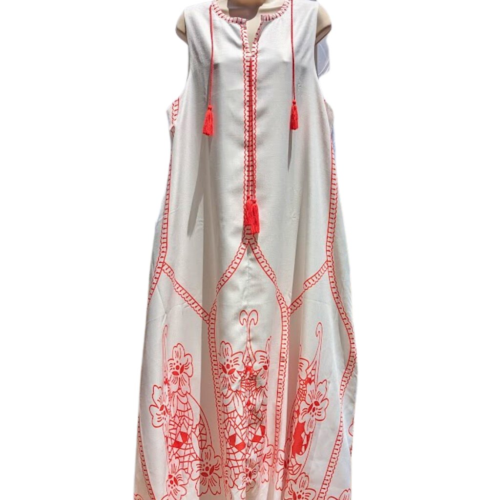 New 12/14 Kaftan Dress White/With Red Floral Pattern, 3 Tassles, & 2 Pockets